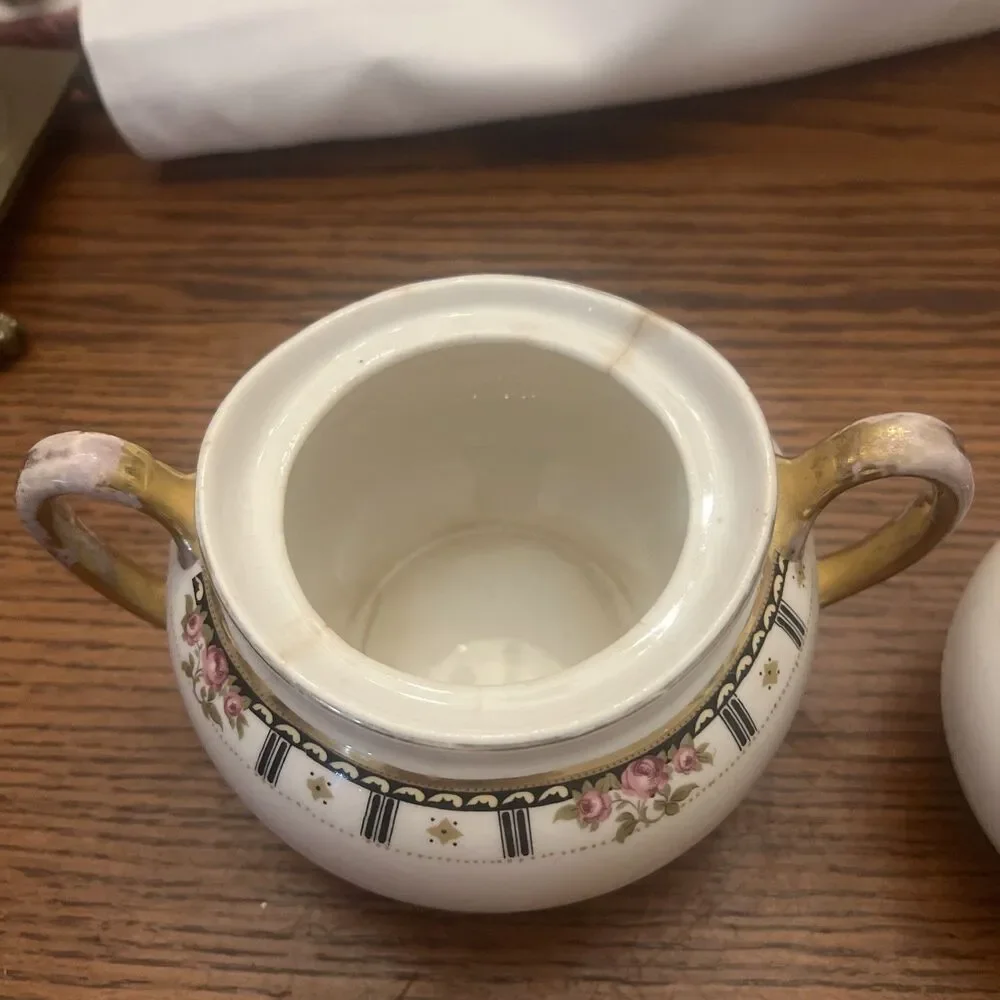 Vintage Cleveland China Sugar Bowl & creamer Bridal Rose Pattern Gold‎ & Crazing